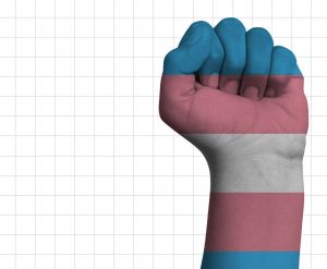 Mão com o punho cerrado, com as cores da bandeira do orgulho trans
